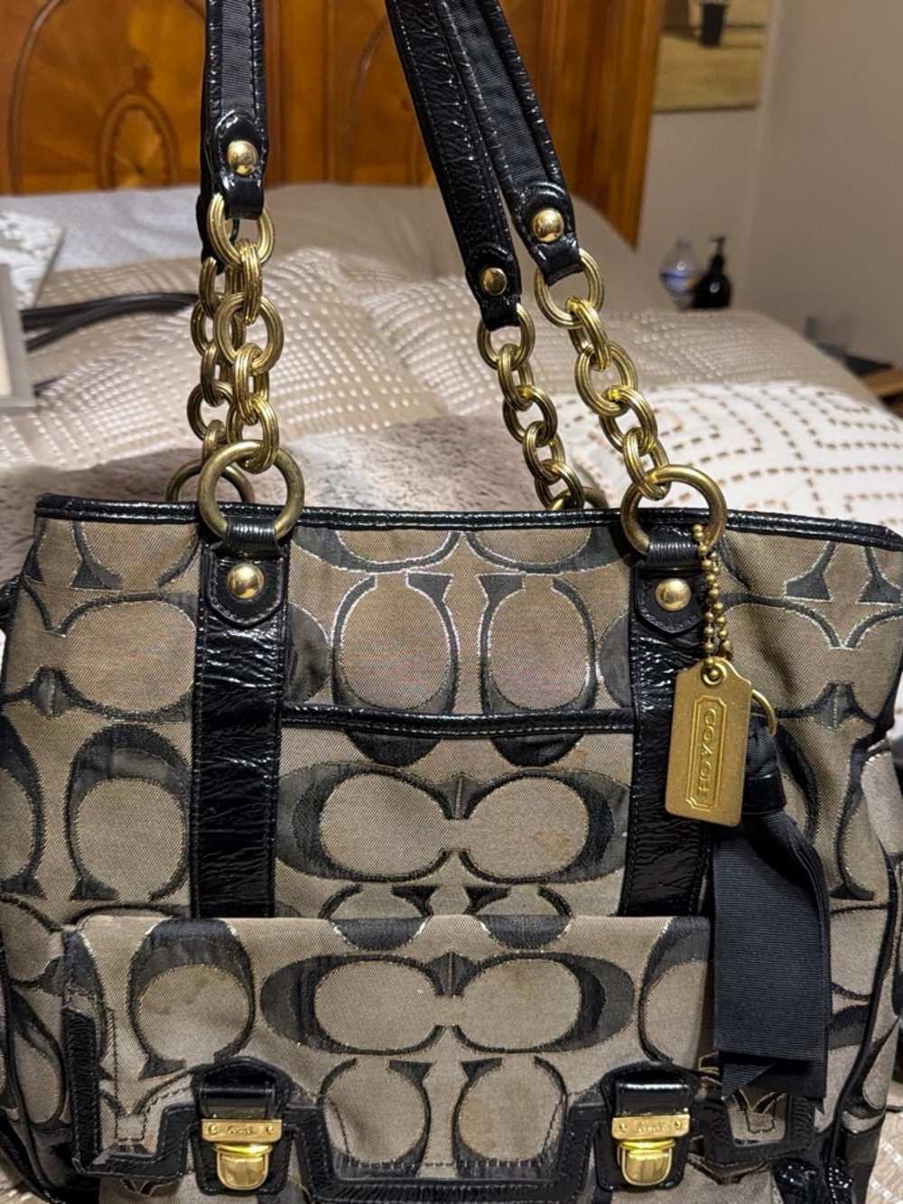 Coach Black and Tan Signature Canvas Shoulder Bag